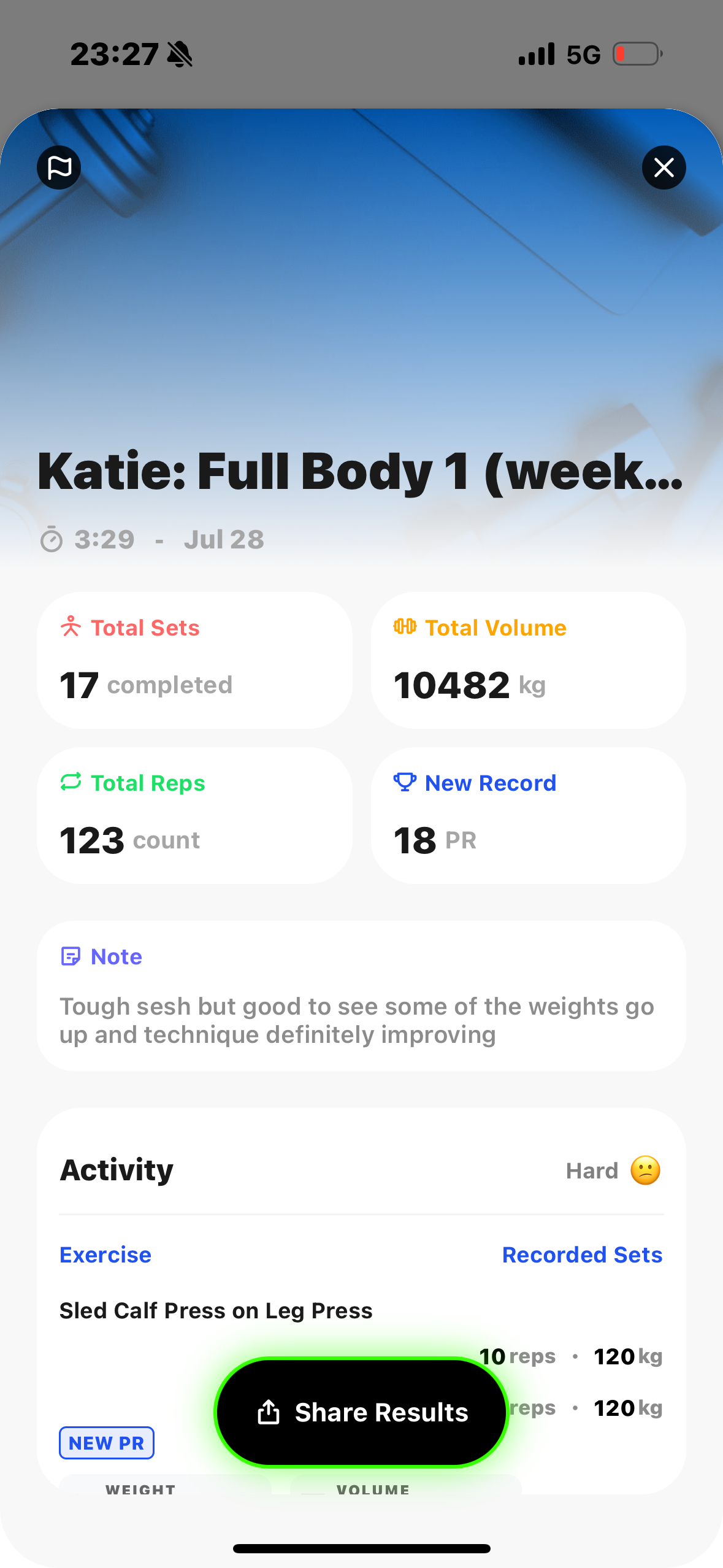 Completed workout summary in HubFit